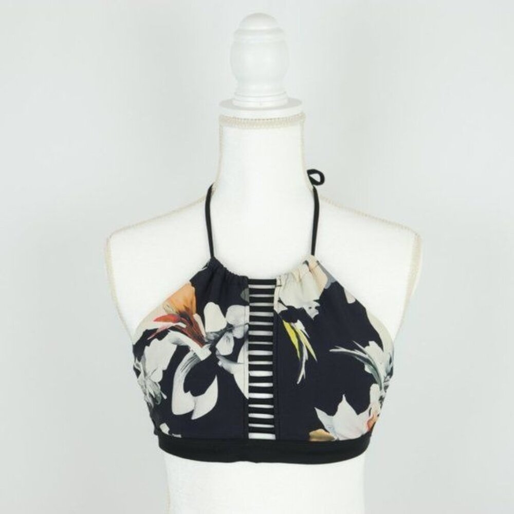 Athleta Polynesia Women's XS Black Floral High Neck Halter Bikini Swim Top
